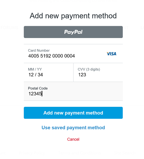 Fill in the new payment method form with credit card details